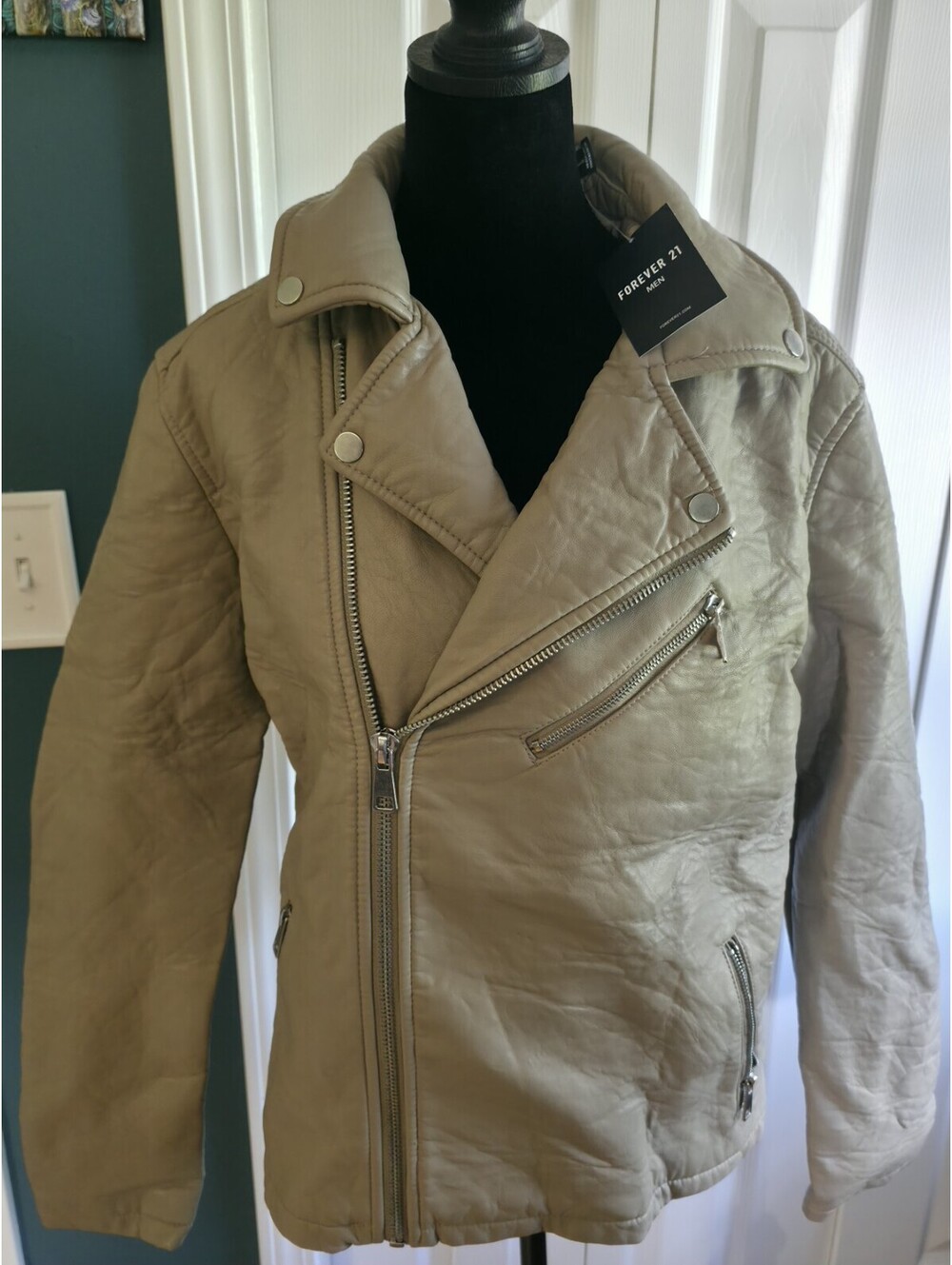 Forever 21 Mens M Taupe Faux Leather Bomber Jacket